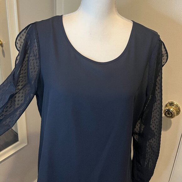 Express Navy Sheer Ruffled Polka Dot Sleeve Blouse, Size Medium - Picture 4 of 16